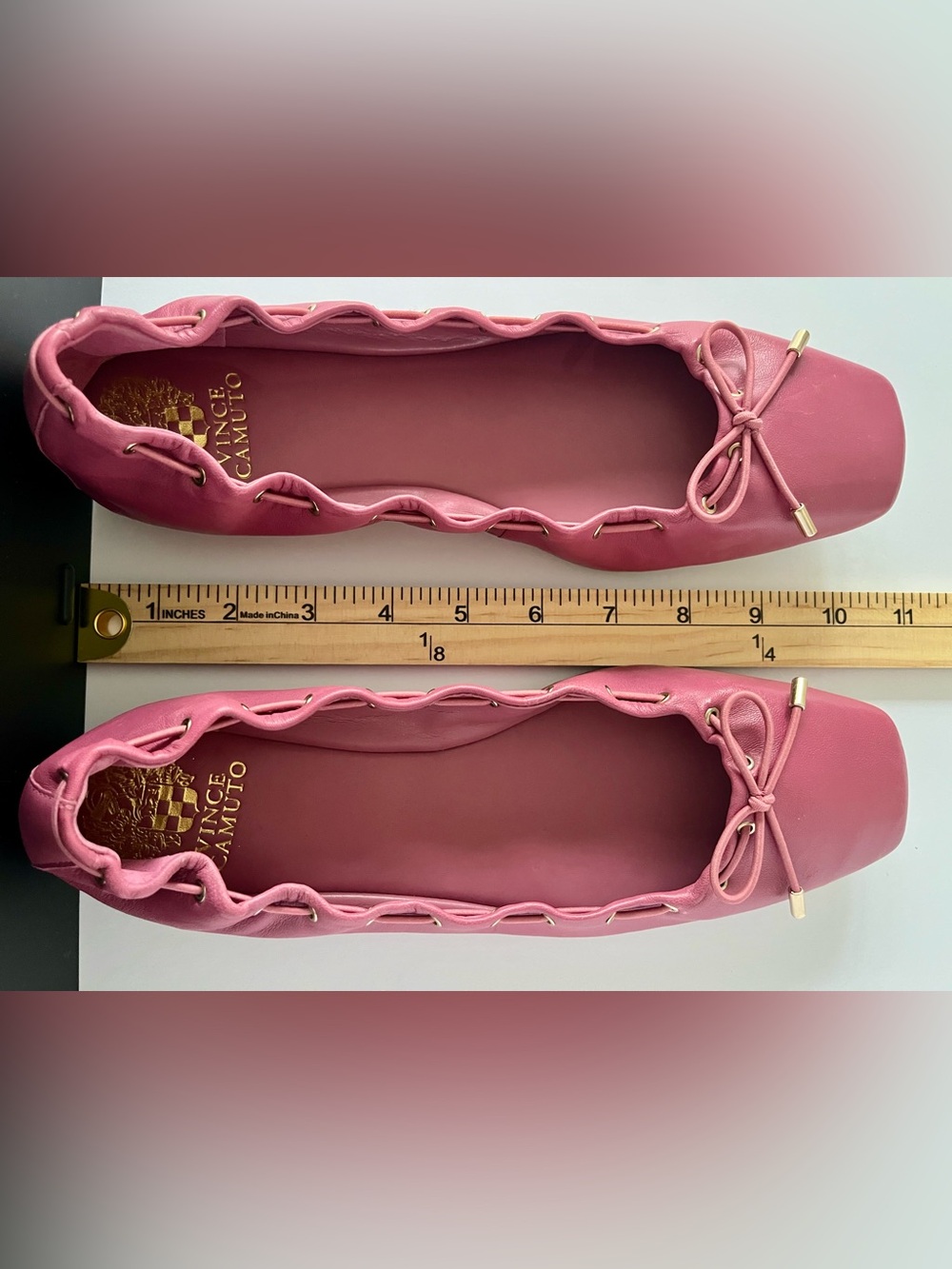 Vince Camuto Pink Leather Ballet Flats Size 9 Square Toe Lace Detail - Picture 4 of 11